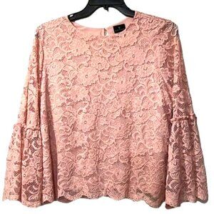 Worthington Womens Large Pink Lace Top Bell Sleeve Cropped Floral Keyhole Blouse